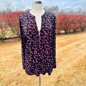 Michael Kors Blouse Womens Large Black Pink Floral Roses Print 1/2 Zip T…